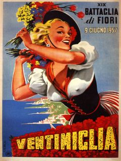 Beauty Italian Girl Flowers 1957 Ventimiglia Italy Vintage Poster Repo Free s H  