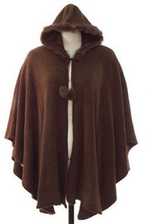 Hooded Cape Fox Trim Brown Fall Winter One Size  
