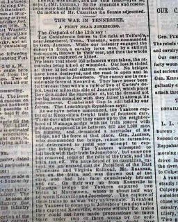 Charleston SC Fort Wagner Jonesborough TN Tennessee Civil War 1863 Newspaper  