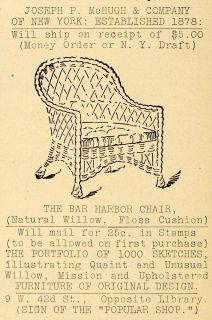 1908 Ad Joseph P McHugh Co Bar Harbor Willow Chair Original Advertising  