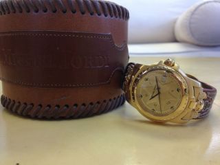 Swiss Made Gold Plated Michel Jordi Sheriff Watch Leather Bracelet w Case  