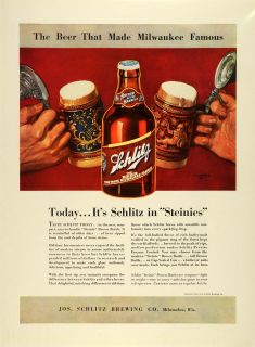 1937 Ad Joseph Schlitz Brewing Company Milwaukee Wisconsin Ale Beer Stein Brew  