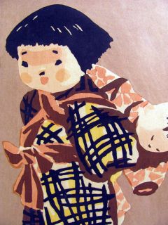 Signed Kijoshi Saito Woodblock Print Young Girl w Doll Signed  