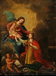 18C Mexican Colonial School Oil Painting on Copper St Cecilia Patron of Music  