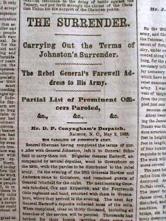 2 1865 Newspapers Civil War End Final Surrender by Confederate Army Gen Johnston  