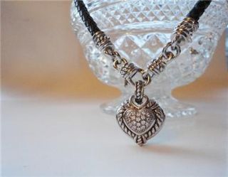 Judith Ripka Sterling Silver 925 Diamonique Heart Enhancer Leather Necklace 43g  
