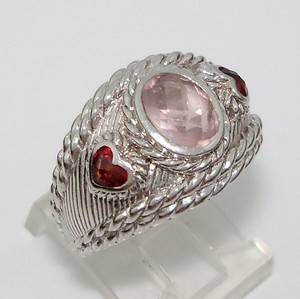 Judith Ripka Rose Quartz Garnet Heart Cable Wide Sterling Silver 925 Ring Size 7  