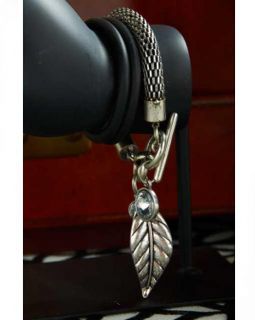 Julia Rose Woven Chain Toggle Leaf Charm Crystal Antique Silver Bracelet  