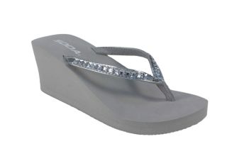 Kaku Rhinestone Low Platform Wedge Eva Thong Sandals Metallic Silver