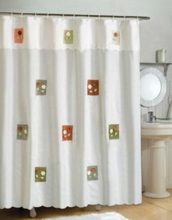  White Green Box Appliqued Attached Valance Fabric Shower Curtain NEW