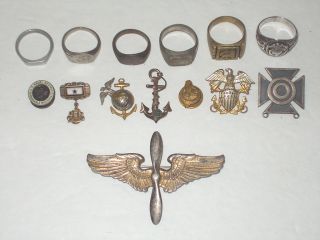Military Lot Some Sterling U s Navy WWII Rings and Insignias Pilots