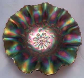 Dugan Amethyst Cosmos Variant 9 1 4 Carnival Glass Bowl w Ten Ruffles
