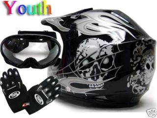 Youth Kids ATV Motocross Dirt Bike MX Black Skull Helmet w Goggles
