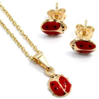Gold 18K GF Necklace Pendant Earrings Girl Kids Red Enamel Fun