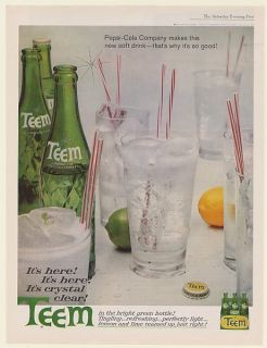 1962 Teem Soda Soft Drink Made by Pepsi Cola Green Bottles Glasses