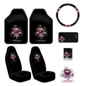 ED HARDY LOVE KILLS SLOWLY 8 PC SEAT COVERS MATS STEERING COVER CD