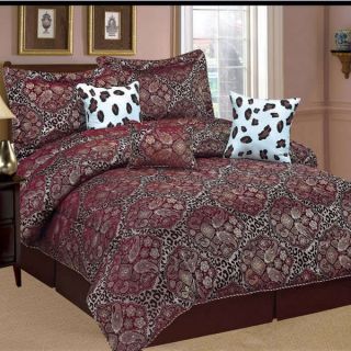 Embroidery Paisley Leopard Burgundy White King Size Comforter