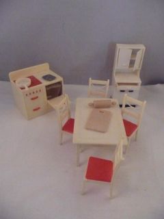 Vintage Renwal Dollhouse Miniature Kitchen Furniture Chairs Table Oven