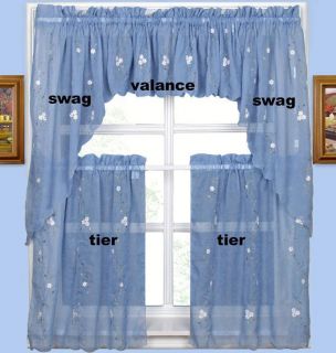 Daisy Embroidery Kitchen Curtain Valance Tiers Swags in Blue Gold