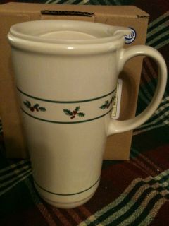 Longaberger Woven Traditions Pottery Holiday Holly Travel Mug New in