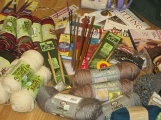 MEGA Knitting Supplies Lot. Yarn Needles Books DVD Dispenser Crochet