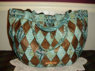 LA GIOE DI TOSCANA TURQUOISE BROWN PATCHWORK LEATHER SHOULDER TOTE BAG