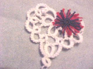 Tatted Heart Lacey White Tatting Red & Blue Flower for Crazy Quilts