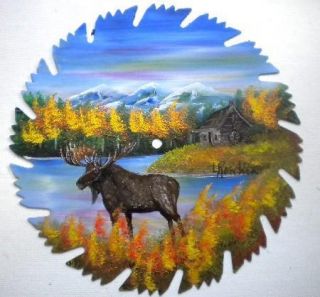 Hand Painted Saw Blade Art Mountain Fall Moose and Log Cabin