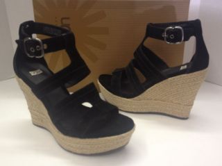 UGG Lauri Black Suede Espadrille Platform Wedge Shoes New