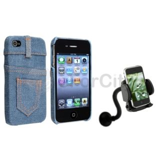 Light Blue Jean Hard Case Skin Cover Car Mount Holder Kit For iPhone 4