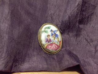 Vintage LIMOGES FRANCE Brooch Pin SIGNED Victorian Scene Porcelain