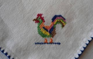 Vintage Linen Cocktail Napkins Needlepoint Embroidered Roosters