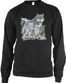 Lone Wolf Long Sleeve Thermal T Shirt Nature Scene Mountains and Trees
