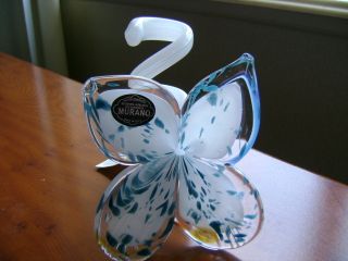 Glass 4 Petal Flower Candle Holder Curled Stem Teal Blue White