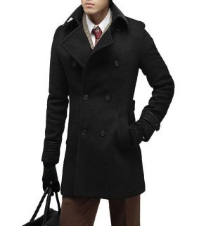 Mens Black Long Sleeve Point Collar Korea Stylish Tweed Overcoat