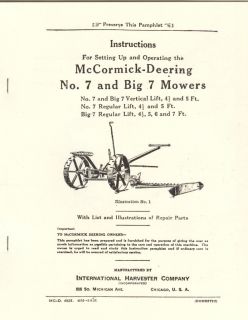 IHC McCormick Deering No 7 and Big 7 Hay Mower Manual International