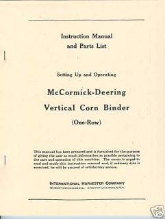 McCormick Deering Vertical Corn Binder Manual IHC INternational