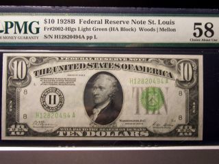 10$ 1928 B St Louis Vivid LGS in Gold PMG 58 Choice About Uncirculated