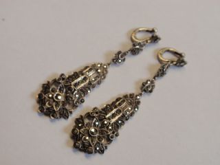 Art Deco Silver Marcasite Earrings Clips Long Drops 1920s