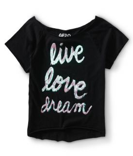 Womens Cropped Sequined Live Love Dream Dorm Tee Shirt