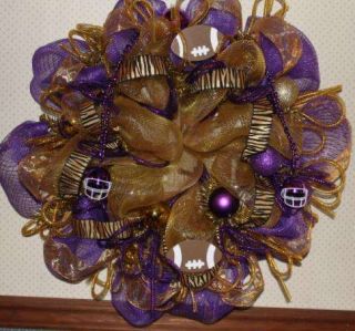 Wreath Purple Gold Deco Mesh LSU Fans Footballs Beads Tiger Ribbon 27