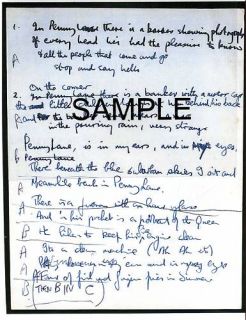 Beatles Paul McCartney Handwritten Lyrics Penny Lane