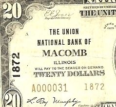 1929 $20 Brown National Macomb Illinois Fancy Low Serial 31 Two Digit