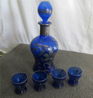 Cobalt Blue Glass Antique Bar Set Decanter 4 Shot Glasses