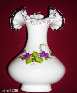 Fenton Vase Violets in the Snow w Fern Sprig & Dk Violets Louise Piper