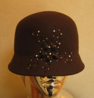 Magid Ladies Womans Dark Brown cloche Bucket Wool Felt Hat Studded