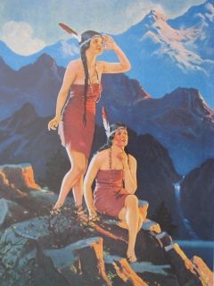 Indian Maidens on Rock Ledge High in Mountains Red Tipped Feathers WOW