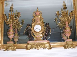 IMPERIAL LARGE MANTAL CLOCK 2 CANDELABRAS BRASS BRONZE MARBLE SET WITH