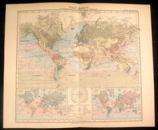 World Map w Wind Currents Nice 1889 Stieler Antique Folio Map w Hand