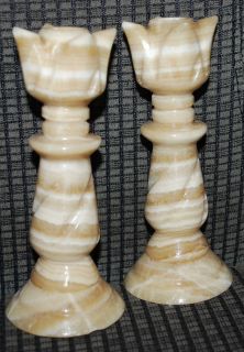 Vintage Carved Onyx Marble Rock Candlesticks Candle Holders Swirl 6 T
